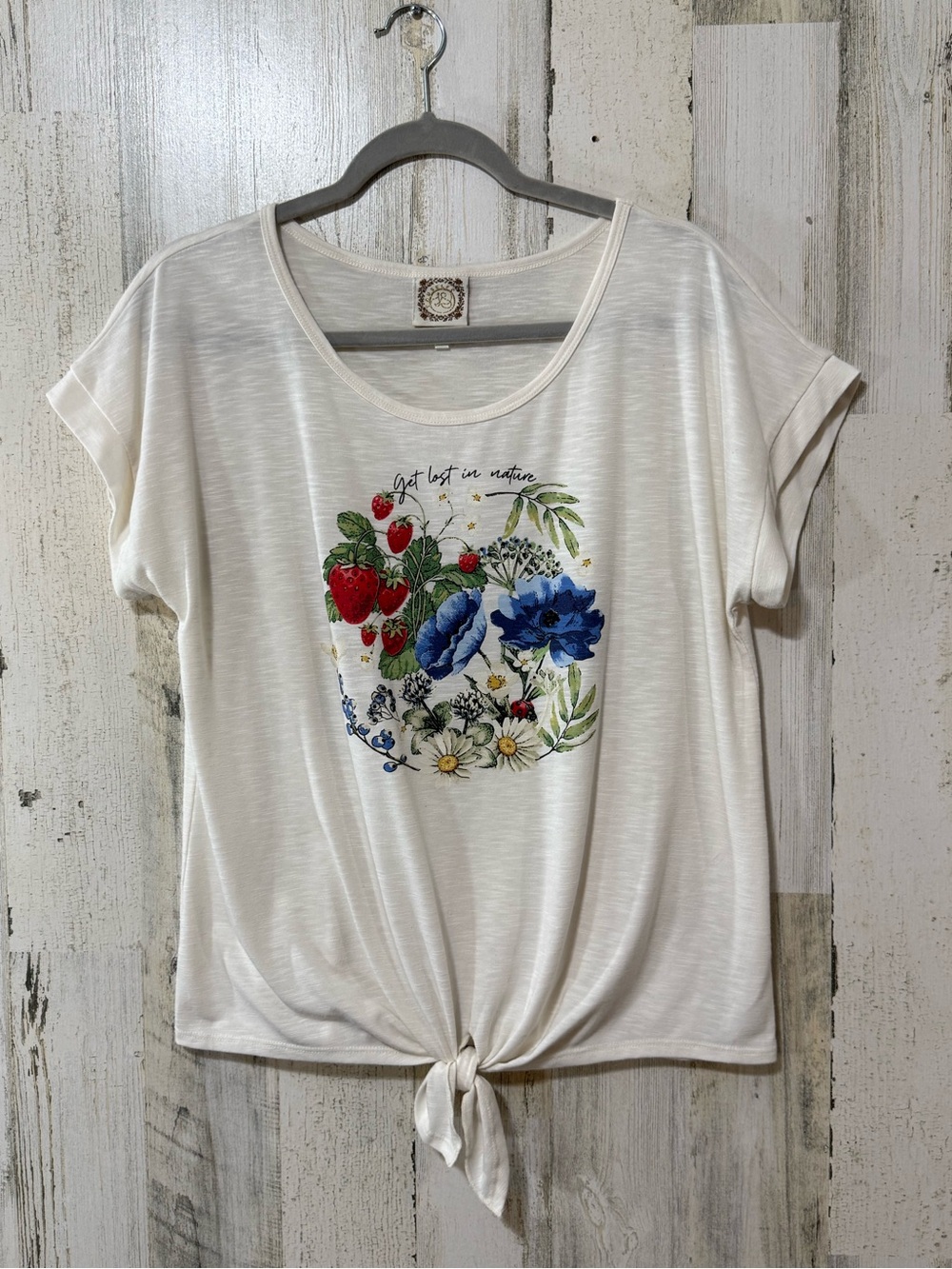 Cream Short-Sleeve Tie-Front Tee with Blue Floral & Red Strawberry Graphic